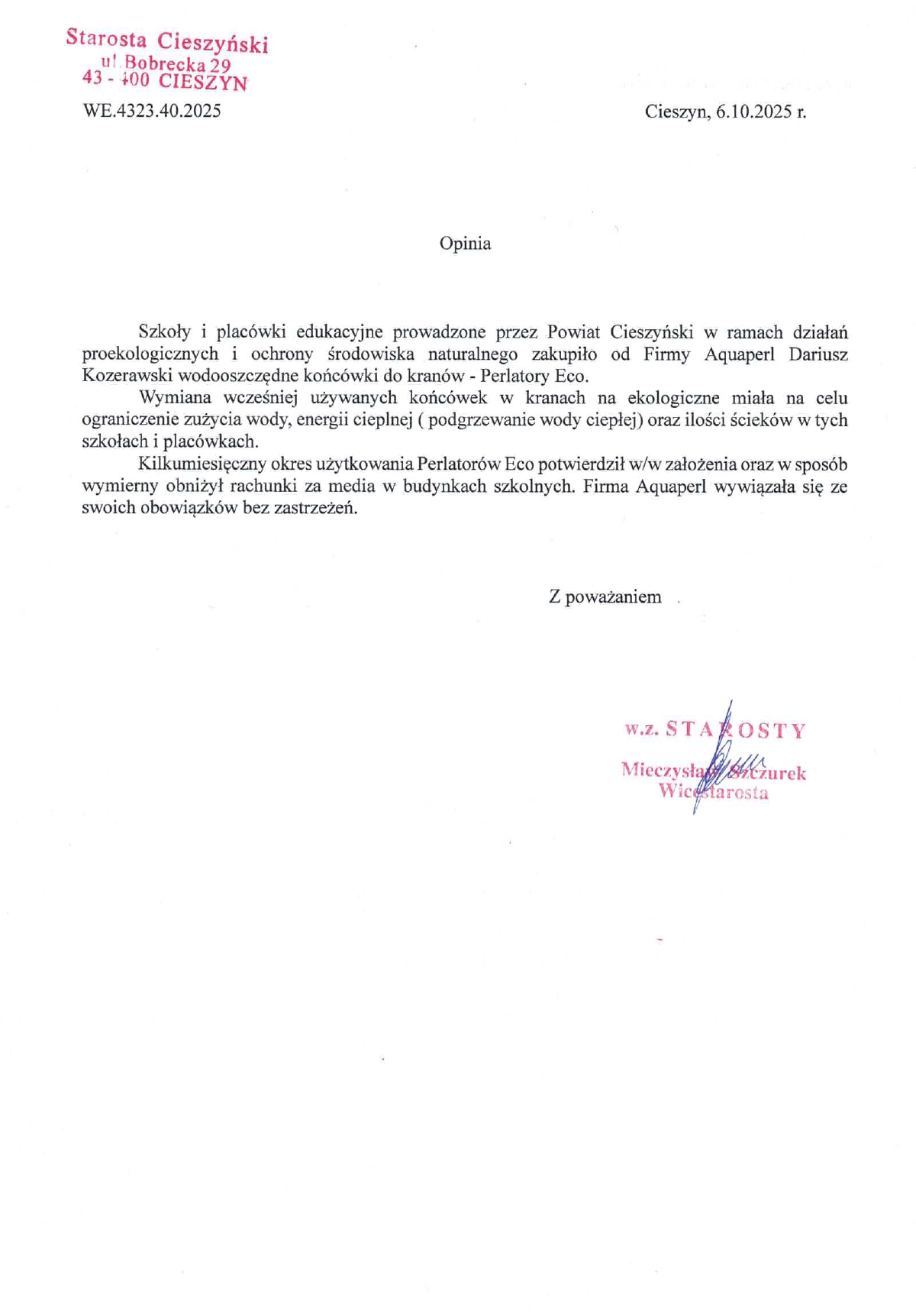 Opinia dla Aquaperl - Starostwo Cieszyn